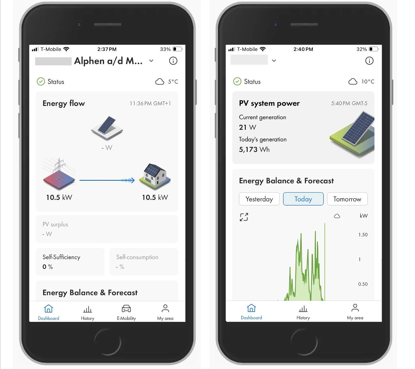 Dashboard of the SMA Energy app: left of an installation with Home Manager and batteries, right of a simple installation without Home Manager