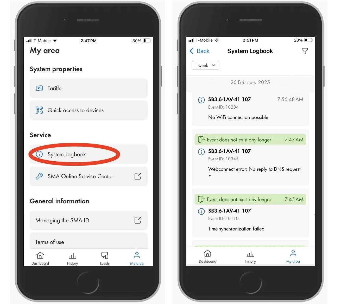 Screenshots of the 'my area' pages in the SMA Energy App