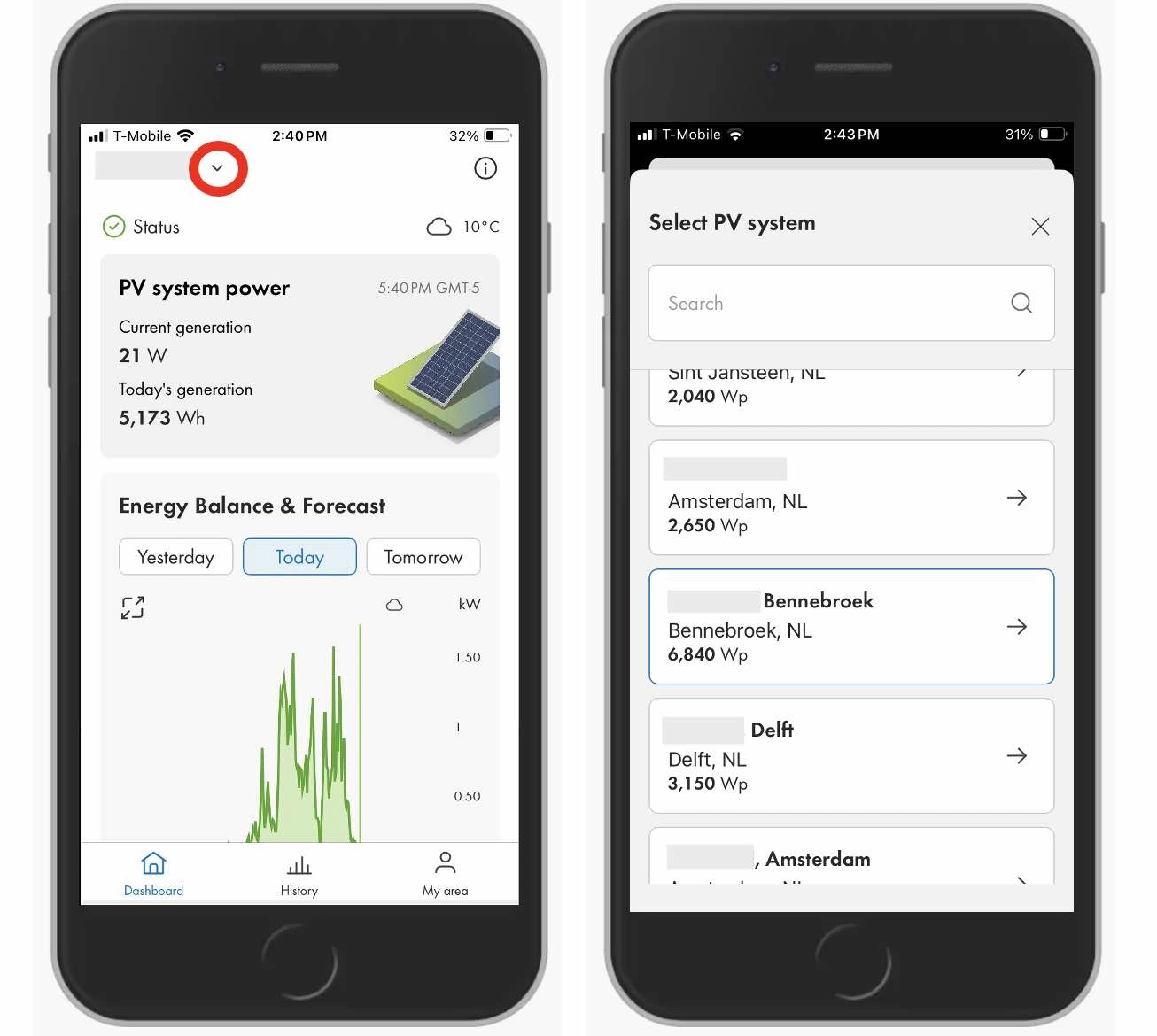 Switching between different plants in the SMA Energy app