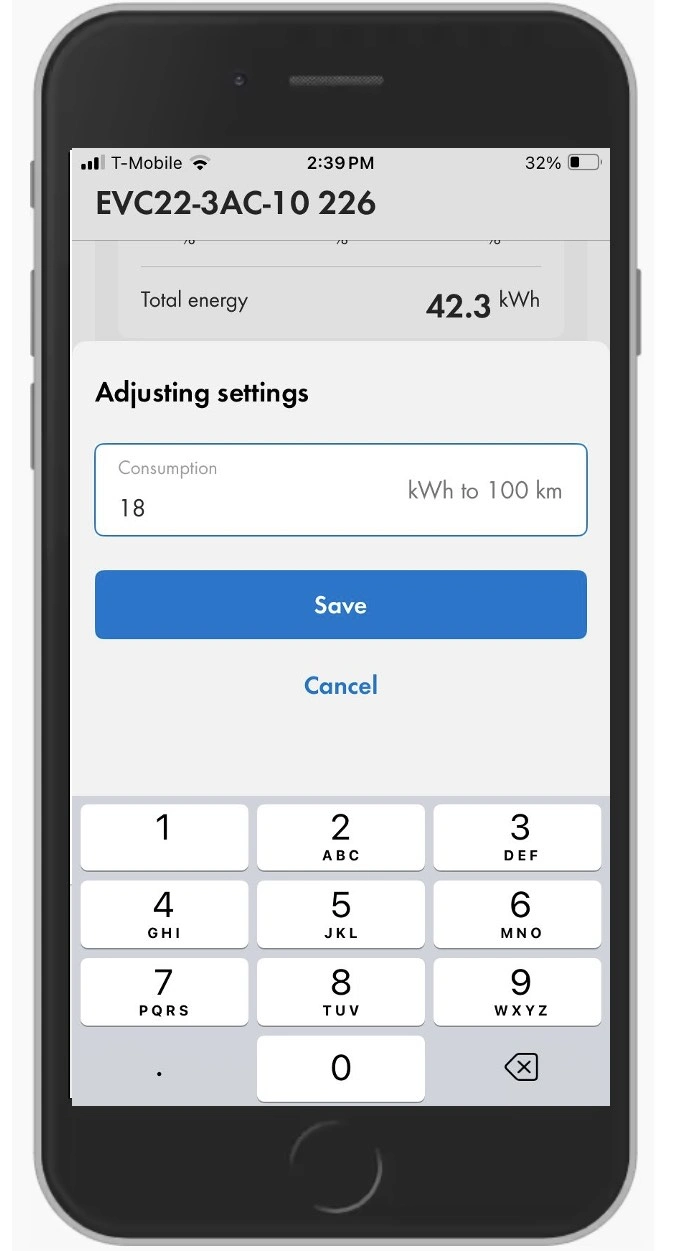 Entering a new value for the energy per 100 km in the SMA Energy app