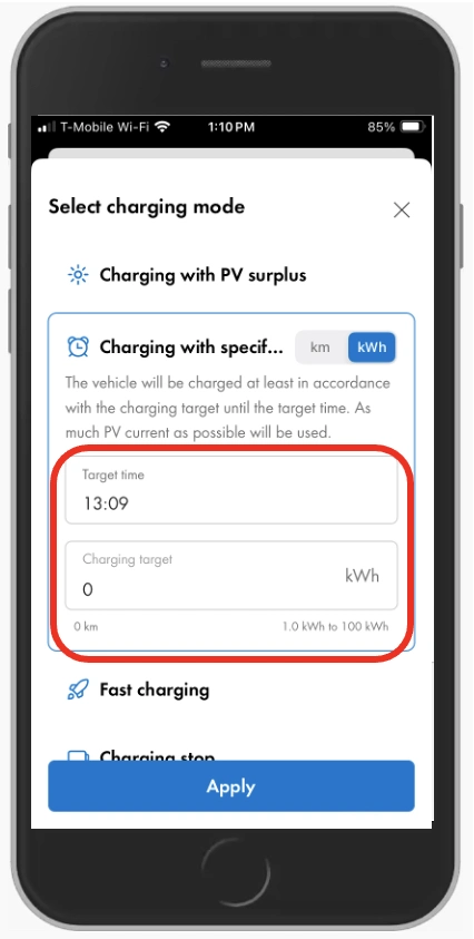 SMA Energy App with the options for selecting the charging target for the eCharger