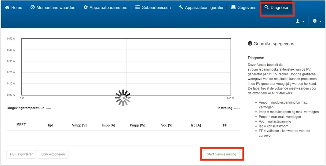 Click on 'diagnosis' at the top right and then on 'start new measurement'