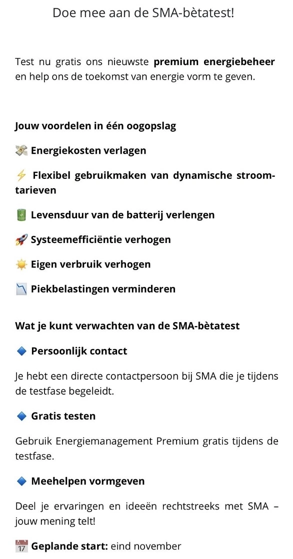 Info van SMA over de beta-tests