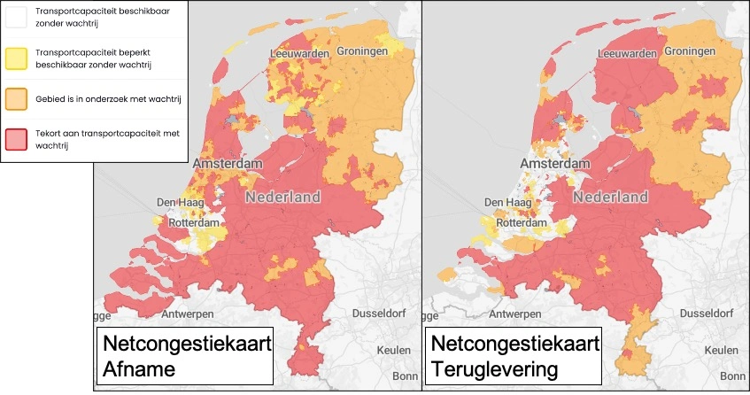 Grid congestion map of Netbeheer Nederland for consumption (left) and feed-in (right). Red = grid is full