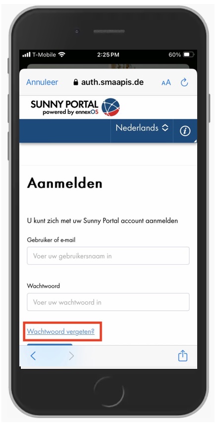 wachtwoord vergeten aanklikken