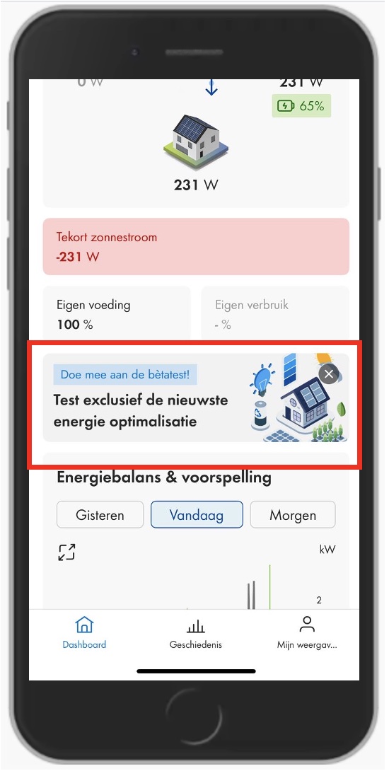 Melding in de SMA energy app over de beta-tests voor de dynamische tarieven