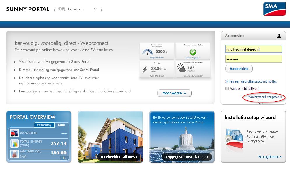 Sunny Portal wachtwoord vergeten