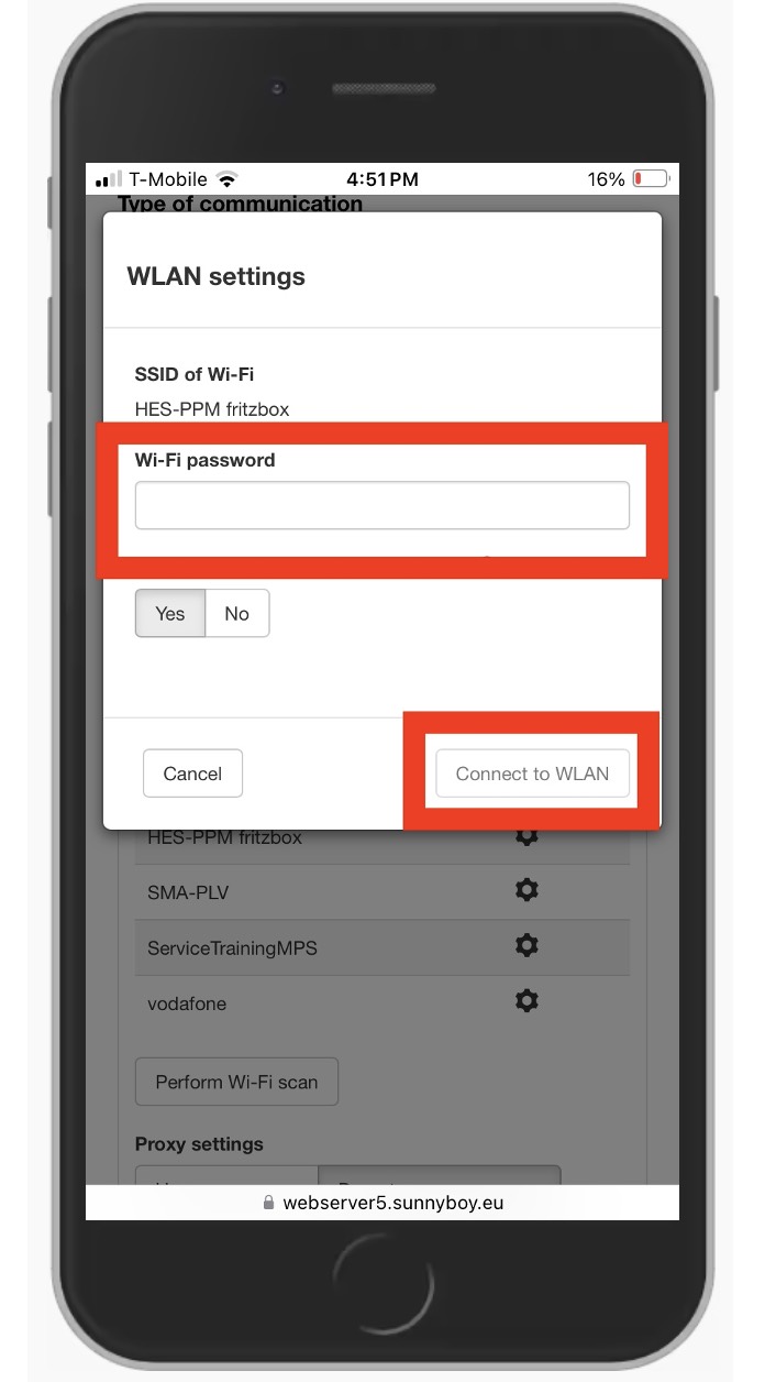 Enter Wi-Fi password on SMA inverter
