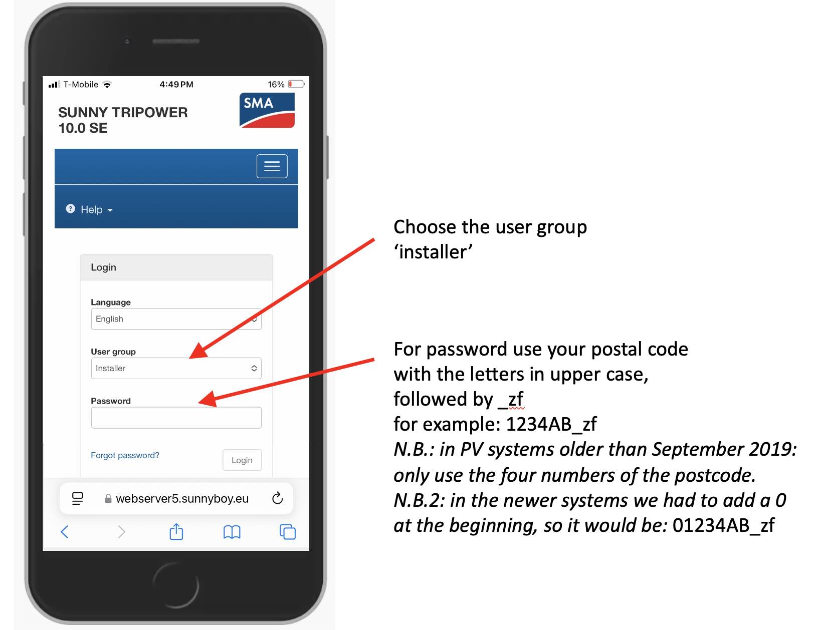 Logging into SMA inverter with installer password
