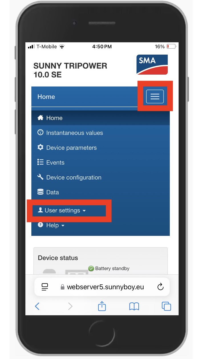 select user settings on SMA inverter screen