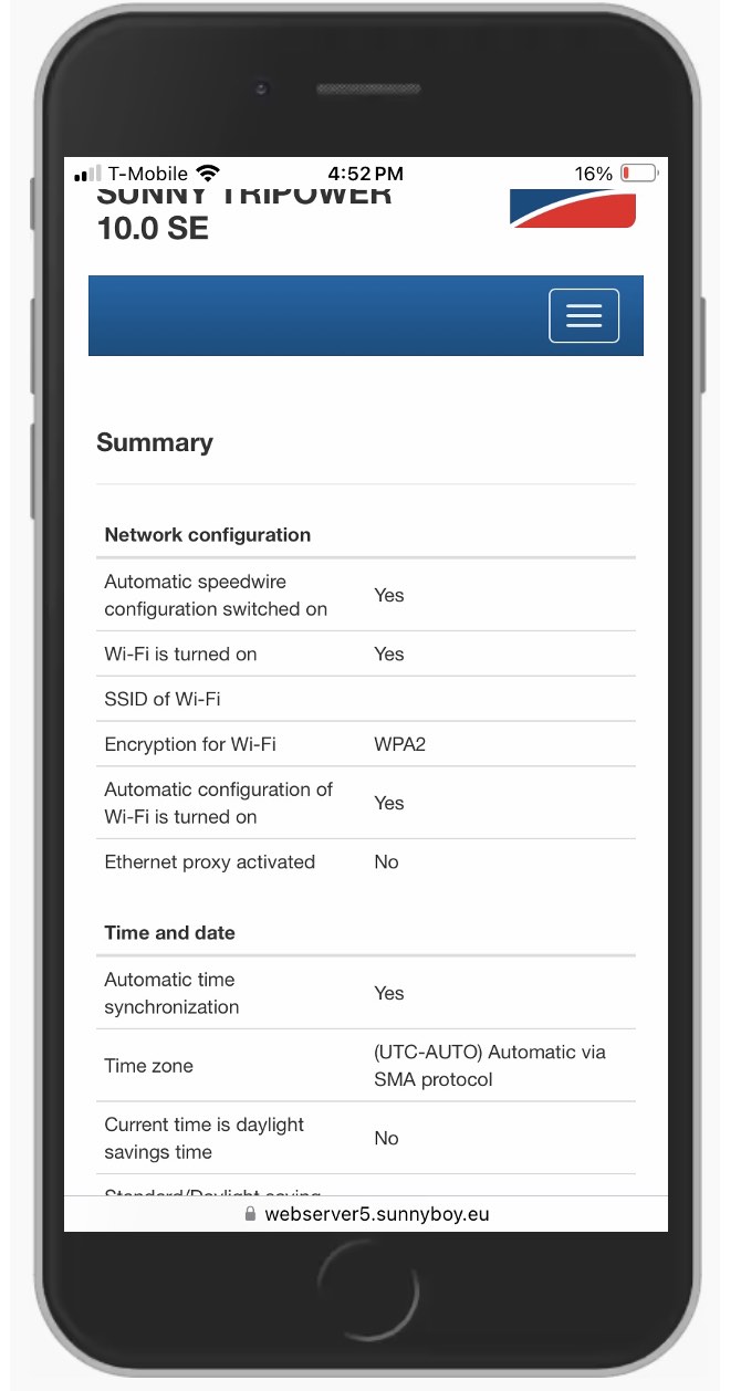 Summary page on Inverter 
